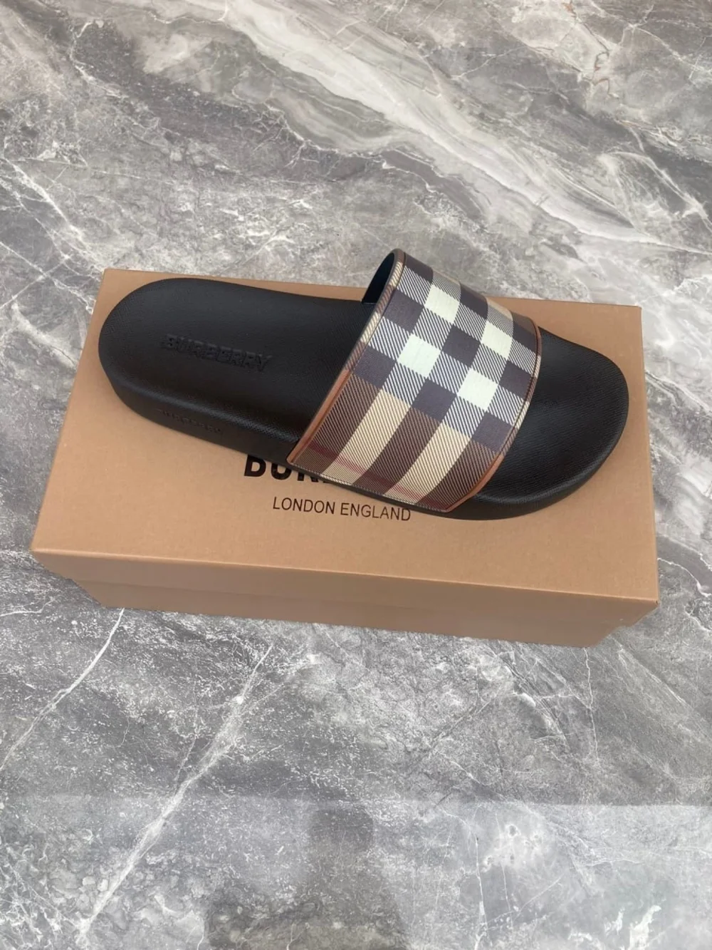 Burberry Check Slide Sandals in Black and Beige / Brown - Picture 4 of 5